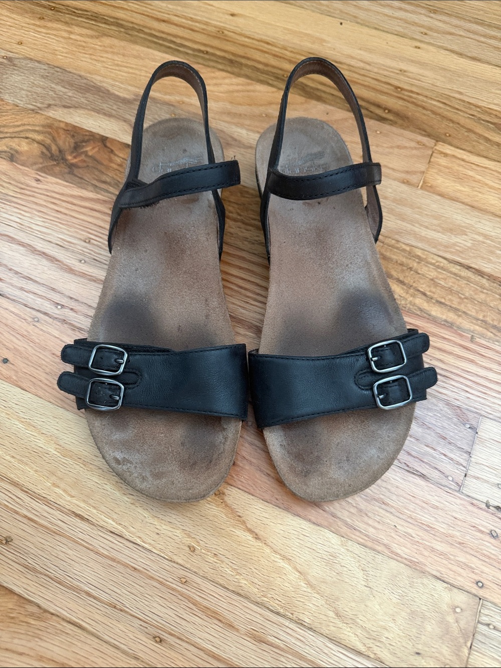 Dansko Black Leather Double-Buckle Slingback Sandals